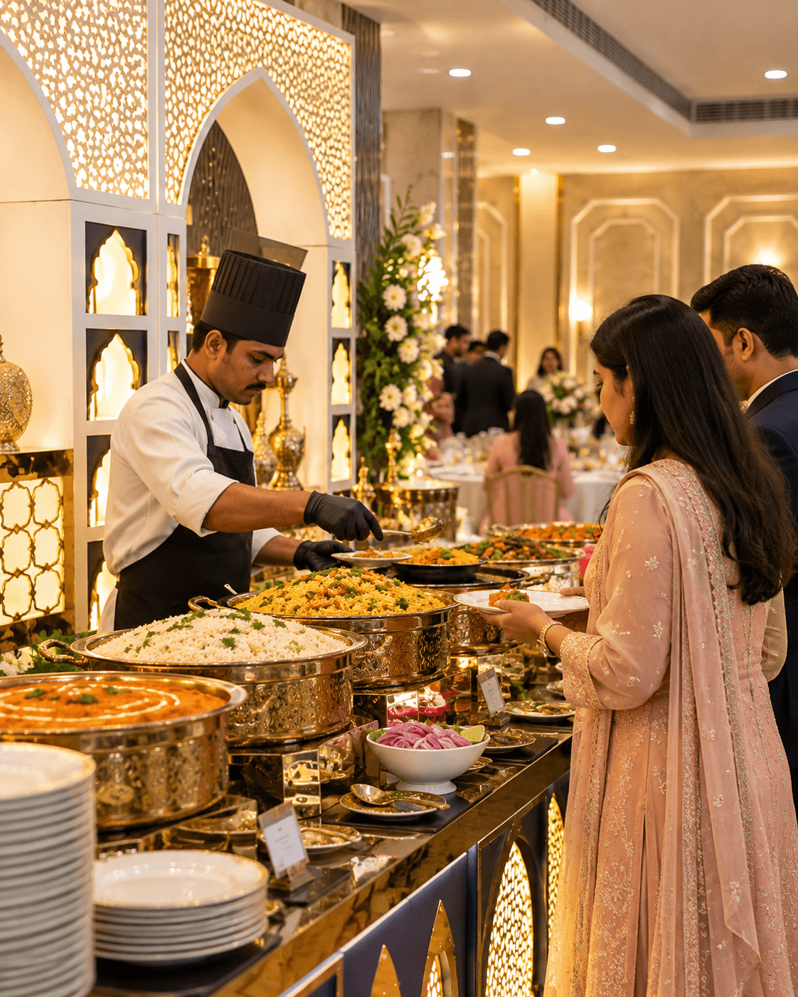 Green Chillyz professional catering chef in black toque serving live biryani and authentic delicacies to banquet guests